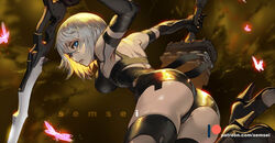  a2_(nier:automata) android armlet ass bare_shoulders black_gloves black_shorts blue_eyes breasts bug butterfly commentary david_semsei dual_wielding elbow_gloves female from_below gloves hair_between_eyes high_heels holding holding_sword holding_weapon joints large_breasts mole mole_under_mouth nier:automata nier_(series) photoshop_(medium) pink_lips robot_joints short_hair shorts solo sword tank_top thighs weapon white_hair 