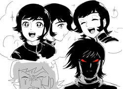  1970s_(style) 1980s_(style) 2boys angry asuka_ryou bad_id bad_pixiv_id colored_sclera commentary_request comparison crying devilman fudou_akira gakuran highres imagining male_focus multiple_boys red_sclera retro_artstyle school_uniform short_hair sideburns simple_background snot sparkle thirty_8ght thought_bubble white_background 