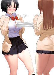  2girls between_breasts black_hair black_skirt black_socks blush bow bowtie breasts brown_eyes brown_hair closed_mouth collared_shirt commentary kaisen_chuui kneehighs large_breasts long_hair long_sleeves looking_at_another miniskirt multiple_girls original pleated_skirt red_bow red_bowtie shirt shirt_tucked_in short_hair side-tie_peek simple_background skirt socks thighs towel tug_of_war white_background white_shirt 