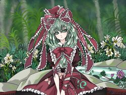  black_pantyhose boots chaofan_no_a_kong check_flower commentary_request cross-laced_footwear dress expressionless eyelashes female flower flower_request forest frilled_ribbon frilled_skirt frills front_ponytail green_eyes green_hair hair_ribbon head_tilt hemerocallis kagiyama_hina layered_dress lily_pad lips long_hair looking_at_viewer nature outdoors pantyhose pink_flower puffy_short_sleeves puffy_sleeves red_ribbon ribbon rock short_sleeves sitting skirt solo stream touhou v_arms wariza water_lily_flower white_flower wrist_ribbon 