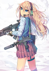  ak-103 assault_rifle blonde_hair blue_eyes commentary_request daito female gp-25 grenade_launcher gun headset highres long_hair original photoshop_(medium) rifle school_uniform skirt solo sr-2_veresk strap submachine_gun suppressor sweater_vest underbarrel_grenade_launcher weapon 