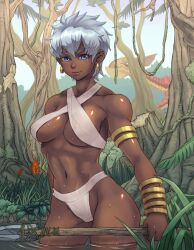  amazon artist_request black blue_eyes breasts criss_crossed_top dark_skin earrings jewelry nature short_hair spear swathe swimsuit trees tribal under_boob underboob warrior water white_hair x_crossed_top 