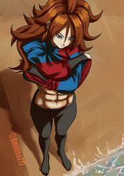  1girls abs android_21 android_21_(human) athletic athletic_female beach belly_button blue_eyes brown_hair checkered_clothes dragon_ball dragon_ball_fighterz dragon_ball_z fit fit_female leggings looking_at_another muscular_female navel six_pack sole_female solo solo_female spiked_hair spiky_hair stripes trousers vomi_(dragon_ball) 