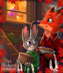  2016 anthro autumn bag black_nose canid canine clothed clothing dessert disney duo female food fox fur grey_body grey_fur hi_res holding_object holidays judy_hopps lagomorph leporid looking_back looking_up male mammal nick_wilde outside pastry penmark pie pink_nose rabbit red_body red_fox red_fur smile thanksgiving true_fox window zootopia 