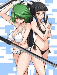  2girls :o bikini black_eyes black_hair body_blush breasts cleavage commentary_request dual_wielding frilled_bikini frills glasses gloves grapepop green_hair gun hair_over_one_eye handgun highres holding large_breasts multiple_girls navel orange_eyes otonashi_kiruko ponytail revolver shinmai_fukei_kiruko-san shiny_skin short_hair side-tie_bikini_bottom smile swimsuit trigger_discipline uchigane_chiaki weapon 