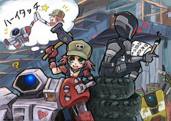  1boy ? alternate_hairstyle artist_name bandaid bandaid_on_face borderlands_(series) borderlands_2 brush choker claptrap commentary_request deathtrap female gaige gloves green_eyes haiku hammer hat helmet jewelry karamatsu_olarch mecha musical_note necklace photoshop_(medium) poem robot smile translated zer0 