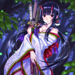  bare_shoulders black_hair blush breasts cleavage collarbone commentary_request female highres holding horns japanese_clothes katana kimono leaf long_hair looking_at_viewer medium_breasts obi red_eyes sash shimano_natsume shingoku_no_valhalla_gate sidelocks smile solo suzuka_gozen sword weapon 