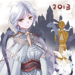  1boy 2013 armor blush castle commentary_request crossdressing dark_souls_(series) dark_souls_i dark_sun_gwyndolin darkmoon_knightess dress female flower full_armor gloves helmet jewelry no_headwear omane otoko_no_ko robe short_hair silver_hair slit_pupils smile snake yellow_eyes 