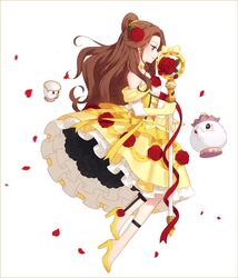  adapted_costume beauty_and_the_beast belle_(disney) brown_eyes brown_hair chip_potts choker commentary_request earrings elbow_gloves female flower gloves hair_flower hair_ornament hakusai_(tiahszld) high_heels jewelry long_hair magical_girl mother_and_son mrs._potts objectification petals red_flower red_rose ribbon rose rose_petals simple_background staff white_background 