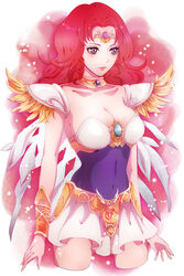  ai_tenshi_densetsu_wedding_peach angel_salvia bad_id bad_pixiv_id breasts brooch choker cleavage collarbone covered_navel cowboy_shot expressionless female grey_eyes highres jewelry large_breasts magical_girl mamun photoshop_(medium) red_background red_hair scarlet_ohara short_hair shoulder_pads skirt solo tiara white_skirt 