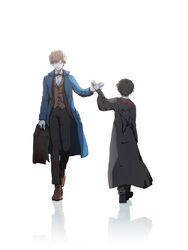  2boys black_hair bloom bow bowtie briefcase brown_hair check_commentary closed_eyes coat commentary_request creator_connection crossover fantastic_beasts_and_where_to_find_them harry_potter harry_potter_(series) high_five highres hogwarts_school_uniform hood kurosujuu male_focus multiple_boys newt_scamander photoshop_(medium) reflection robe school_uniform simple_background smile walking white_background wizarding_world 