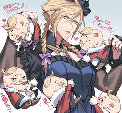  blonde_hair blue_dress blue_eyes blush braid brown_pants chibi cigar cloud_strife cloud_strife_(blue_dress) coat crossdressing don_corneo dress earrings final_fantasy final_fantasy_vii final_fantasy_vii_remake fishnet_armwear flower fur_collar gradient_background hair_between_eyes hair_flower hair_ornament hairband heart jewelry jou_(mono) lipstick makeup male_focus medallion multiple_boys official_alternate_costume open_mouth pants puckered_lips red_coat red_nose shirt single_earring spiked_hair tattoo translation_request twin_braids upper_body white_shirt 