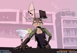  alcohol anthro antlers arrow_(weapon) arrow_piercing barbell_piercing bartender belt beverage blue_eyes boombox breasts cleavage clothed clothing cocktail cocktail_glass collar container craft_rabbit craft_rabbit_(artist) cryptid cup drinking_glass ear_piercing electronics eyelid_piercing facial_piercing female floppy_ears food fruit furgonomics furry-specific_piercing gauged_ear glass glass_container glass_cup half-closed_eyes hi_res horn industrial_piercing jackalope jacket lagomorph lime lime_slice lip_piercing lip_ring looking_at_viewer mammal martini multiple_piercings narrowed_eyes nose_piercing offering_beverage offering_to_viewer patchcraft piercing plant popped_collar radio ranged_weapon ring_piercing satchel septum_piercing simple_background slim sly small_waist solo topwear weapon yellow_eyes 