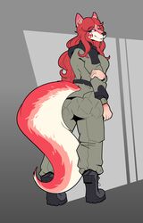  absurd_res amelia_(disambiguation) anthro arm_at_side ass belt big_breasts big_butt big_tail boots breasts butt_pose canid canine canis clothing empskit female footwear hi_res looking_back mammal military pose simple_background solo tail wolf 