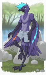  absurd_res anthro avian beak beak_piercing bird blue_body blue_hair bottomwear cade_harrow claws clothed clothing corvid corvus_(genus) crow dark_body dark_skin digital_media_(artwork) facial_piercing feather_markings feathered_wings feathers feet forest forest_background furgonomics furry-specific_piercing grass hair hi_res male markings multicolored_body multicolored_feathers nature nature_background nude oscine outside partially_clothed passerine piercing plant river rock shorts slim smile solo tail tailbyte talons toes tree tuft water wings yellow_eyes 