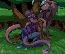  absurd_res ambiguous_gender anthro bottomwear clothing denim denim_bottomwear denim_clothing detailed_background dragon duo female fluffy forest forest_background hair hi_res hug human jeans lizard long_tail male male/female mammal masterzoroark666 mythological_creature mythological_scalie mythology nature nature_background pants plant purple_hair reptile scalie shadow tail tree under_shade under_tree underneath 