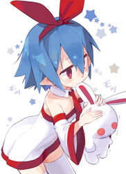  blue_hair chewing disgaea eating female hair_ribbon highres holding hood hoodie mg_mg pleinair pointy_ears red_eyes red_ribbon ribbon salamander_(hop-step) short_hair stuffed_toy thighhighs usagi-san white_hoodie white_legwear 