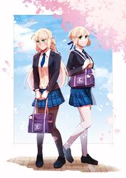  2girls ahoge artoria_caster_(fate) artoria_pendragon_(bloom_in_spring)_(fate) artoria_pendragon_(fate) bag bag_charm black_footwear black_jacket blazer blonde_hair blue_necktie blue_ribbon blue_skirt blush border braid breasts chaldea_logo charm_(object) cherry_blossoms fate/grand_order fate_(series) fou_(fate) french_braid green_eyes heel_up herringbone highres jacket kneehighs loafers long_hair looking_at_viewer md5_mismatch medium_breasts multiple_girls necktie outdoors outside_border pantyhose pavement petals plaid plaid_skirt pleated_skirt revision ribbon saber_(fate) school_bag school_uniform shirt shoes skirt smile socks standing striped_necktie sweat vest white_border white_shirt yamano_udumi yellow_vest 