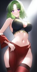  ai-assisted bad_id bad_pixiv_id black_bra bra breasts curly_hair fate/grand_order fate_(series) female green_hair highres looking_at_viewer phaethonvt purple_eyes red_skirt red_thighhighs salome_(fate) short_hair skirt thighhighs underwear 