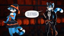  16:9 3d_(artwork) 4_toes anthro barefoot blue_body blue_fur broom broom_riding brother_(lore) brother_and_sister_(lore) claws cleaning_tool clothing costume digital_media_(artwork) digitigrade duo feet felix_(striped_sins) female fur halloween halloween_2021 halloween_costume halloween_theme hat headgear headwear holidays magic_user male mammal markings orange_eyes procyonid purple_eyes raccoon ryder_(striped_sins) sibling_(lore) sister_(lore) striped_markings striped_sins striped_tail stripes tail tail_markings toes vampire_costume widescreen willitfit witch witch_costume witch_hat 