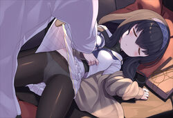  1boy black_hair black_pantyhose blue_archive clothes_lift commentary_request couch eyewear_strap female glasses hair_between_eyes hairband highres jacket long_hair long_sleeves low_twintails lying midriff navel on_back out_of_frame paid_reward_available panties panties_under_pantyhose pantyhose pillow pleated_skirt school_uniform sensei_(blue_archive) serafuku sidelocks skirt skirt_lift sleep_molestation sleeping straight sweater_jacket templus turtleneck twintails ui_(blue_archive) underwear unworn_eyewear white_skirt 