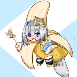  &gt;:) :d amane_kanata amane_kanata_(1st_costume) angel angel_wings armband asymmetrical_bangs asymmetrical_hair banana banana_costume blue_eyes blue_hair bob_cut chibi colored_inner_hair costume cuffs dated feathered_wings female food fork frilled_sleeves frills fruit gradient_eyes grey_hair hair_between_eyes hair_over_one_eye halo hololive kagelantern looking_at_viewer multicolored_eyes multicolored_hair open_mouth pink_eyes recursion short_hair single_hair_intake smile solo star_halo streaked_hair v-shaped_eyebrows virtual_youtuber wide_sleeves wings 