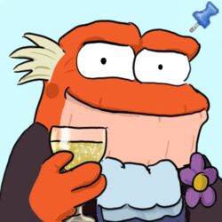  1:1 amphibia_(series) amphibian anonymous_artist anthro beverage blue_background clothed clothing disney fastener flower frog glass grey_hair hair hop_pop looking_at_viewer low_res male meme orange_body orange_skin pepe_the_frog pin_(fastener) plant simple_background solo thumb_tack 