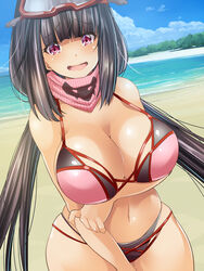  bare_shoulders beach bikini black_hair blue_sky blunt_bangs blush breasts cleavage commentary_request day fate/grand_order fate_(series) female goggles goggles_on_head large_breasts long_hair looking_at_viewer maki_(seventh_heaven_maxion) navel ocean open_mouth osakabehime_(fate) osakabehime_(swimsuit_archer)_(fate) osakabehime_(swimsuit_archer)_(second_ascension)_(fate) outdoors photoshop_(medium) pink_bikini pink_scarf purple_eyes scarf ski_goggles sky smile solo swimsuit twintails very_long_hair wavy_mouth 