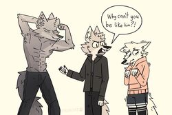  3:2 abs angry anthro black_clothing black_legwear black_shirt black_thigh_highs black_topwear bodily_fluids bottomwear canid canine canis closed_eyes clothing crying dialogue english_text fangs femboy flexing frenetic_wolf fur grey_body grey_fur group hi_res hoodie humor inner_ear_fluff legwear looking_aside male mammal muscular muscular_anthro muscular_male pants pants_only pawpads paws pink_clothing pink_hoodie pink_topwear shaking shaming shirt shorts size_difference speech_bubble standing sweater tears teeth text thigh_highs topwear trio tuft white_body white_fur wolf 