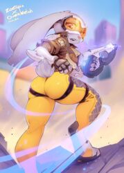  2019 absurd_res anthro ass blizzard_entertainment butt_pose clothing cosplay crossover crossover_cosplay disney ears_down eyewear female fingerless_gloves fur gloves gofa goggles grey_body grey_fur gun handgun handwear hi_res holding_object holding_weapon jacket judy_hopps lagomorph leporid long_ears looking_back low-angle_view mammal open_mouth outside overwatch pivoted_ears pose rabbit ranged_weapon rear_view scut_tail short_stack short_tail signature solo tail topwear tracer_(overwatch) weapon zootopia 