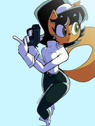  2021 anthro black_hair boots clothing domestic_cat felid feline felis female footwear fur gloves green_eyes gun hair handwear hi_res inker_comics kitty_katswell mammal nickelodeon ranged_weapon solo sweater t.u.f.f._puppy tan_body tan_fur topwear turtleneck weapon 