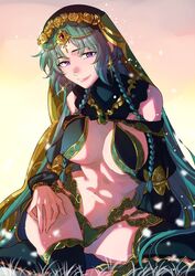  arabian_clothes braid breasts commentary_request fate/grand_order fate_(series) female gold green_hair harem_outfit large_breasts looking_at_viewer low_twin_braids mole mole_on_breast otori666 purple_eyes purple_nails salome_(fate) short_hair_with_long_locks smile solo twin_braids veil 