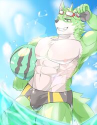  abs anthro ball beach_ball blush bulge canid canine canis clothing eyewear fur goggles green_body green_fur grin hi_res ho_jiro inflatable lifewonders live_a_hero male mammal muscular muscular_anthro muscular_male nipples pecs smile solo speedo swimwear water wolf wolf_villain_(live_a_hero) 