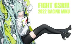  2022 absurdres asymmetrical_legwear bodysuit character_name chinese_commentary commentary english_text female flag goodsmile_racing green_eyes green_flag green_hair hatsune_miku highres holding holding_flag looking_at_viewer racing_miku racing_miku_(2022) simple_background solo vocaloid white_background xy_wang 