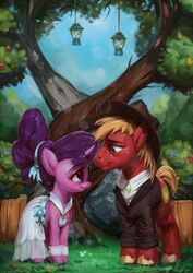  2019 assasinmonkey big_macintosh_(mlp) clothed clothed_feral clothing cutie_mark digital_media_(artwork) digital_painting_(artwork) duo earth_pony equid equine female feral friendship_is_magic hasbro hat headgear headwear horn horse husband_and_wife male mammal married_couple my_little_pony mythological_creature mythological_equine mythology outside plant pony sugar_belle_(mlp) tree unicorn 