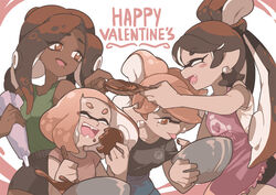  +_+ 4girls :d black_hair black_shirt black_shorts blunt_bangs bowl brown_eyes callie_(splatoon) cephalopod_eyes chocolate closed_eyes commentary cooking dark-skinned_female dark_skin earrings eating english_commentary fangs gomipomi green_shirt grey_hair grey_shirt happy_valentine holding holding_bowl holding_pastry_bag inkling jewelry leaning_forward licking long_hair marie_(splatoon) marina_(splatoon) mixing mixing_bowl mole mole_under_mouth multiple_girls octoling open_mouth pastry_bag pearl_(splatoon) pointy_ears shirt short_hair short_sleeves shorts smile splatoon_(series) suction_cups swept_bangs tank_top tentacle_hair tied_hair valentine very_dark_skin white_shirt wooden_spoon 