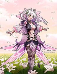  :d aversa_(fire_emblem) aversa_(fire_emblem)_(cosplay) aversa_(resplendent)_(fire_emblem) breasts bridal_gauntlets center_opening cleavage commission cosplay falling_petals female fire_emblem fire_emblem_awakening fire_emblem_heroes flower full_body grass grey_hair large_breasts long_hair long_sleeves navel petals pink_background rein_creamsoda robin_(female)_(fire_emblem) robin_(fire_emblem) smile solo twintails twitter_username white_hair wing_cape yellow_eyes zettai_ryouiki 