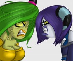  2014 angry blue_eyes breasts clothed clothing duo facial_piercing female freckles humanoid lip_piercing male not_furry piercing renee-moonveil sega simple_background sonic_the_hedgehog_(series) the_deadly_six vein white_background zeena zor 