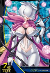  breasts cape digimon digimon_(creature) digimon_savers elbow_gloves female gloves large_breasts lowres mercy_rabbit navel orb rosemon rosemon_burst_mode solo thorns tongue 