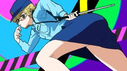  1boy ass barnaby_brooks_jr. commentary_request crossdressing cutie_honey glasses green_eyes male_focus mochizuki_anko otoko_no_ko parody police police_uniform policewoman re:_cutie_honey short_hair solo tiger_&amp;_bunny uniform whistle 