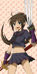  black_serafuku blue_eyes brown_hair commentary_request female fingerless_gloves gloves hair_ribbon hebijo_academy_uniform highres homura_(senran_kagura) long_hair midriff navel ponytail ribbon school_uniform senran_kagura senran_kagura_shoujo-tachi_no_shin&#039;ei serafuku skirt solo sword triple_wielding weapon zaxwu 