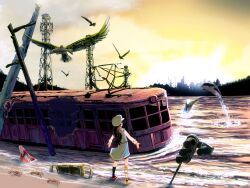  amputee bad_id bad_pixiv_id bird crab female girl_with_golden_shoe hat kin_no_kutsu_gin_no_kutsu kouno_(masao) original pantograph photoshop_(medium) post-apocalypse prosthesis solo sunrise tower traffic_light train whale 