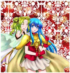  2girls 74 armor armored_dress blush boots cape closed_eyes dress eirika_(fire_emblem) fingerless_gloves fire_emblem fire_emblem:_the_sacred_stones gloves green_hair l&#039;arachel_(fire_emblem) multiple_girls short_hair short_twintails skirt smile thigh_boots thighhighs twintails zettai_ryouiki 