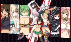  6+girls arm_up asuka_(senran_kagura) between_breasts black_hair black_pantyhose black_thighhighs blonde_hair blue_eyes blush breasts brown_eyes cleavage column_lineup commentary_request everyone eyepatch finger_to_mouth fingerless_gloves gloves gothic_lolita hair_ornament hair_ribbon haruka_(senran_kagura) hebijo_academy_uniform hibari_(senran_kagura) highres hikage_(senran_kagura) homura_(senran_kagura) ikaruga_(senran_kagura) katsuragi_(senran_kagura) knife large_breasts leg_warmers licking licking_blade licking_weapon lolita_fashion long_hair medium_breasts mirai_(senran_kagura) multiple_girls navel one_eye_closed open_clothes open_mouth open_shirt outstretched_arm pantyhose photoshop_(medium) pink_hair plaid red_eyes ribbon scarf school_uniform senran_kagura senran_kagura_shoujo-tachi_no_shin&#039;ei sheath shirt short_hair skirt smile sweater_vest sword test_tube thighhighs tongue twintails uniform unsheathing weapon yagyu_(senran_kagura) yellow_eyes yomi_(senran_kagura) zaxwu zettai_ryouiki 