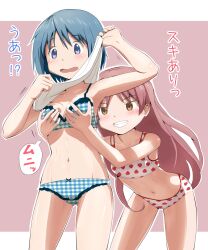  2girls ace_rocket blue_eyes blue_hair blush bra breasts brown_eyes commentary_request food_print grabbing grabbing_another&#039;s_breast grin groping hair_down highres lingerie long_hair mahou_shoujo_madoka_magica mahou_shoujo_madoka_magica_(anime) medium_breasts miki_sayaka multiple_girls navel oerba_yun_fang open_mouth panties plaid plaid_bra plaid_panties print_bra print_panties red_hair sakura_kyoko short_hair smile strawberry_bra strawberry_panties strawberry_print translated underwear underwear_only undressing wavy_mouth yuri 