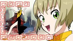  blonde_hair chinese_clothes commentary_request cutie_honey female green_eyes huang_baoling looking_at_viewer meandros mochizuki_anko open_mouth origami_cyclone parody photoshop_(medium) re:_cutie_honey short_hair smile solo tiger_&amp;_bunny zoom_layer 