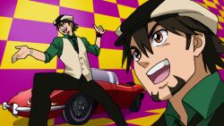  1boy bracelet brown_eyes brown_hair cabbie_hat car commentary_request cutie_honey hat jewelry kaburagi_t._kotetsu male_focus mochizuki_anko motor_vehicle parody re:_cutie_honey tiger_&amp;_bunny vest watch wristwatch 