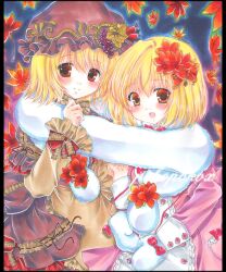  2girls aki_minoriko aki_shizuha alternate_costume blonde_hair blush colored_pencil_(medium) commentary_request food fruit grapes hair_ornament hat leaf leaf_background leaf_hair_ornament leaf_on_head maple_leaf marker_(medium) multiple_girls pekopokox red_eyes shikishi short_hair siblings sisters touhou traditional_media 