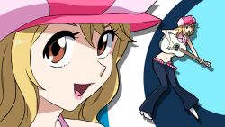  blonde_hair brown_eyes commentary_request cutie_honey denim guitar hat instrument jeans long_hair midriff mochizuki_anko pants re:_cutie_honey 