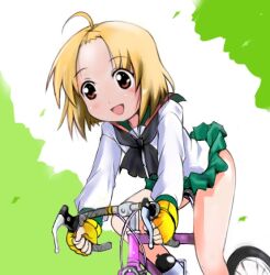  a_channel ahoge bicycle commentary_request female fingerless_gloves gloves momoki_run school_uniform serafuku solo t2 